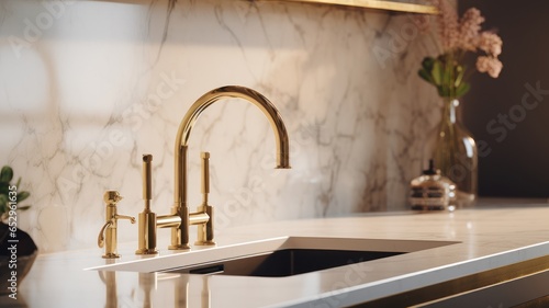 Fragment of a modern luxury kitchen. Marble countertop with built-in sink, gold faucet and soap dispenser. Vase with flowers in the background. Close-up. Contemporary interior design. 3D rendering.