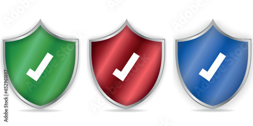 Shields with check marks. Check Marks Information Silver Buttons Icons, stock. Vector illustration