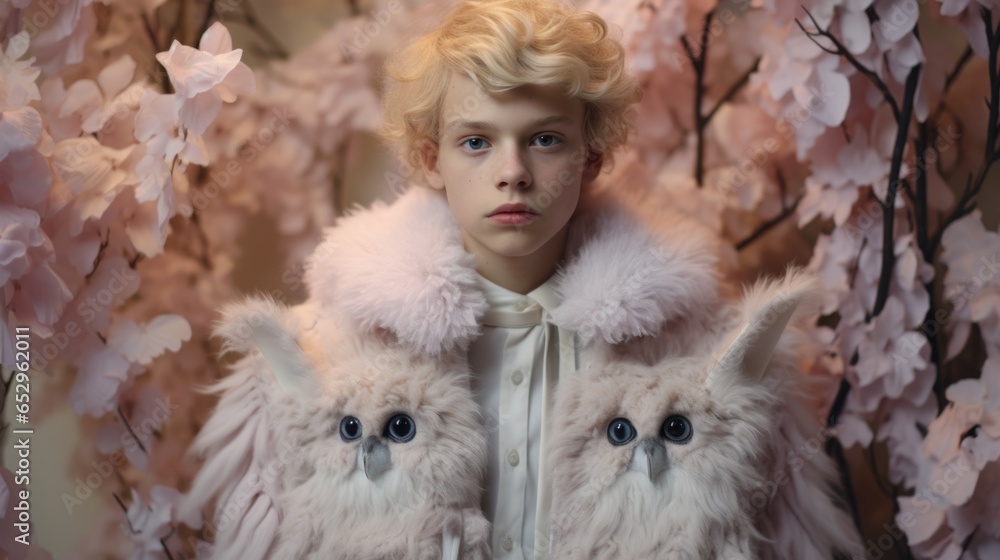 A boy in a fur coat with two owls on his shoulders A boy in a fur coat with two owls on his shoulders