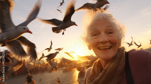 A woman standing in front of a flock of birds
