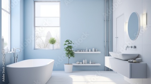 Interior of modern luxury scandi style bathroom with window and white walls. Free standing bathtub  countertop sink on white wall-hung cabinet  wall mirror. Contemporary home design. 3D rendering.