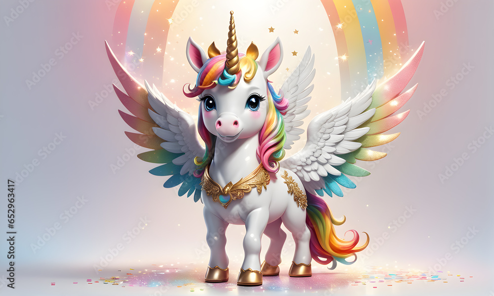 Naklejka premium Little Unicorn Wings Rainbow Cute 3D Art Animated Graphic, Invitation Card Banner Website Design Background - ai generated