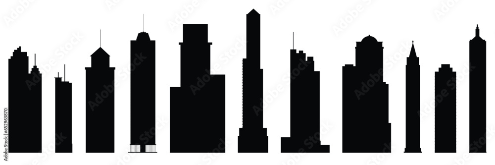Set of skyscrapers isolated on white background. Modern skyscraper silhouette. Vector illustration.