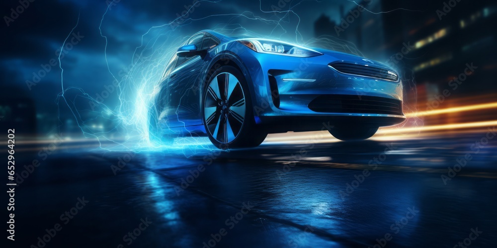 Energetic Electric Car: A Closeup of a Tire with Lightning Bolts Illuminating the Wet Street, Capturing the Dynamic Action and Eco-Friendly Technology of Urban Transportation