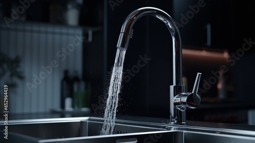 Close-up shot of water tap in modern luxury kitchen. Metal sink  chrome faucet with running water. Beautiful dramatic light  blurred background. Contemporary interior design. 3D rendering.