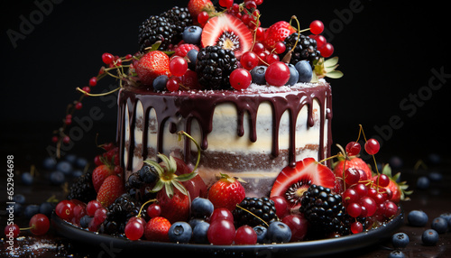 Freshness and sweetness of berries adorn homemade chocolate cheesecake generated by AI
