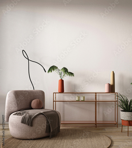 Boho beige livingroom with armchair, palm plants and lamps background. Light modern japanese nature view. 3d rendering mock up. High quality 3d illustration
