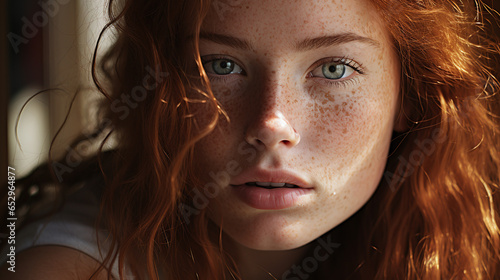 natural close up portrait of a female beauty model with ginger colored  hair and freckles on her skin photo