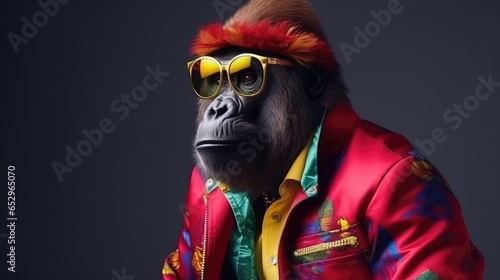 fashion photo. stylish gorilla posing in bright modern clothing and sunglasses in the studio © zayatssv