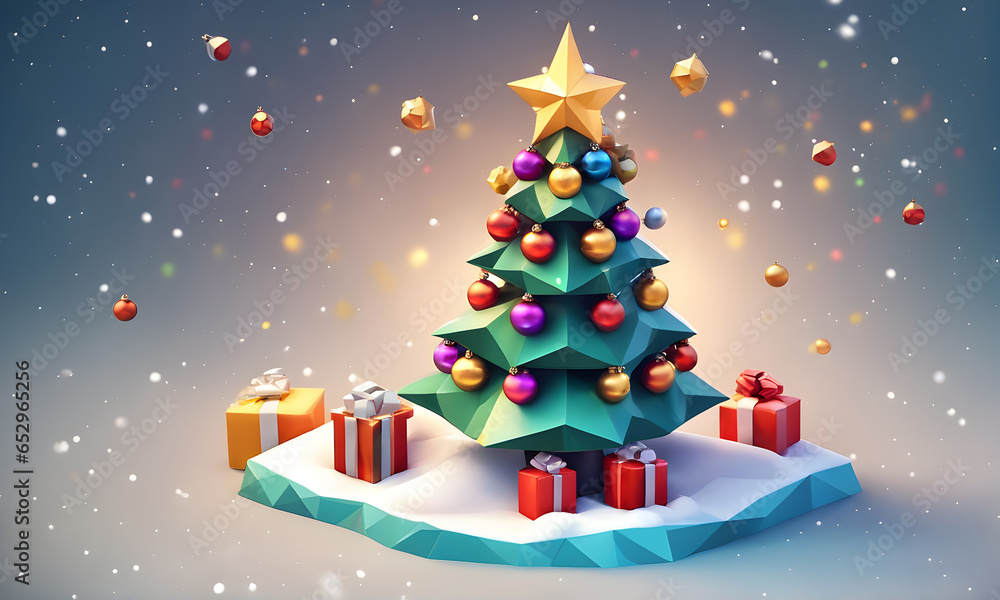 Low Poly Christmas Tree Winter Landscape Digital Art Graphic, Invitation Card Banner Website Design Background - ai generated