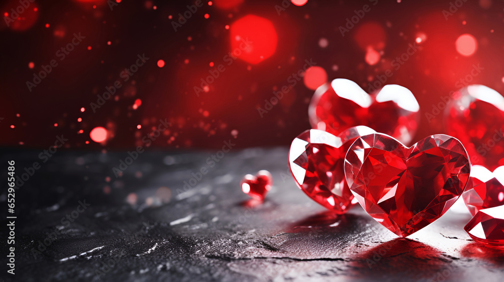 Red crystal hearts on dark bokeh background, love banner, greeting card, Valentine Day banner. Saint Valentine's Day background with 3d hearts, copy space. 14th of february concept. Love and relations Red crystal hearts on dark bokeh background, love banner, greeting card, Valentine Day banner. Saint Valentine's Day background with 3d hearts, copy space. 14th of february concept. Love and relations