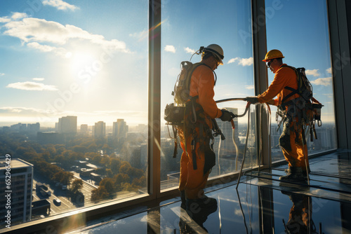 Window cleaners workers washing windows in a high-rise building, high-rise work in skyscrapers
