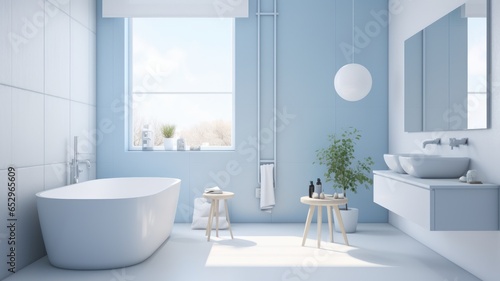 Interior of modern luxury scandi style bathroom with window and white walls. Free standing bathtub, countertop sink on white wall-hung cabinet, wall mirror. Contemporary home design. 3D rendering.