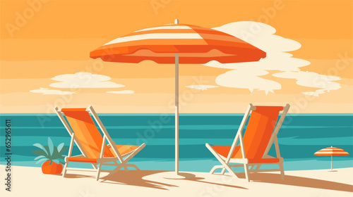 Beach sun loungers sun umbrella vector