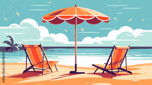 Beach sun loungers sun umbrella vector
