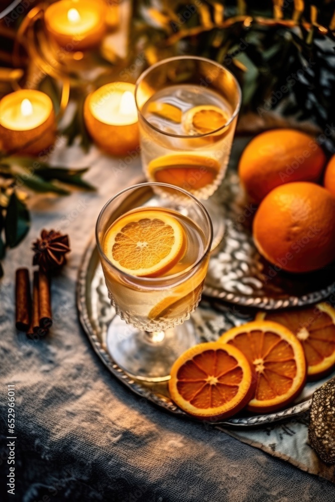 table with glass of cocktail with champagne, blurred christmas tree on background. AI Generated table with glass of cocktail with champagne, blurred christmas tree on background. AI Generated