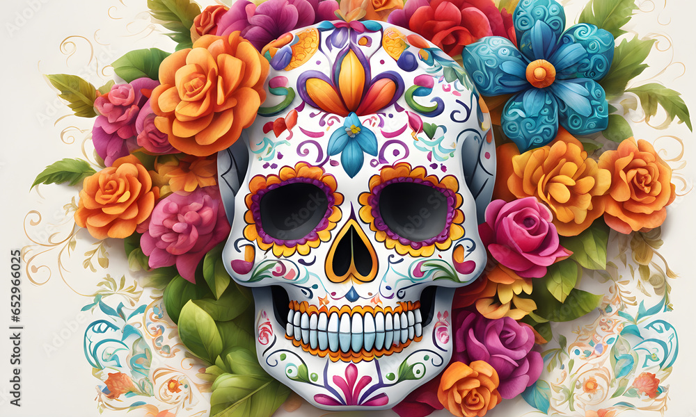 Sugar Skull Flowers Fiesta Digital Art Graphic, Festival Wall Art Banner Website Design Background - ai generated