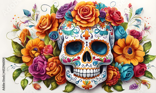 Sugar Skull Flowers Fiesta Digital Art Graphic, Festival Wall Art Banner Website Design Background - ai generated