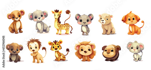 Wild animals cartoon collection set.Set of watercolor cute safari animal.Cute animal portraits for congratulations - raccoon, lion, giraffe, hippo, elephant, koala, leopard, whale, turtle. Birthday 