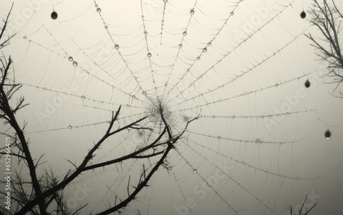 Fog droplets in a spiderweb. Generative AI