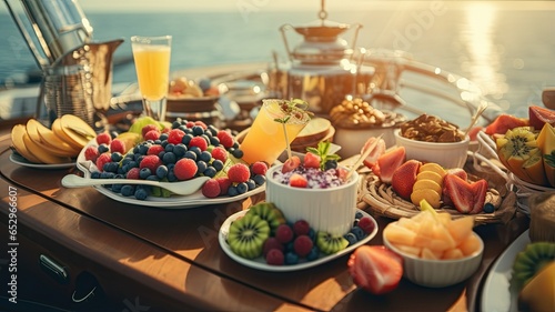 A beautifully set breakfast table on the deck of a luxury motor yacht, bathed in sunlight, overlooking the open sea.