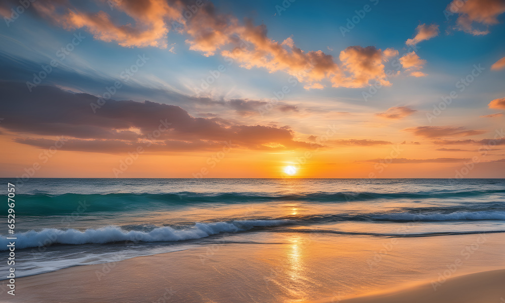 Fototapeta premium Beautiful Summer Beach Landscape Digital Background, Holiday Card Wall Art Banner Website Design Photography - ai generated