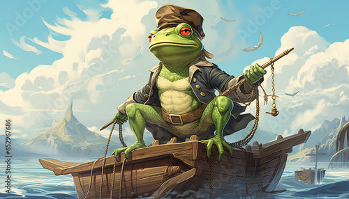 Pirate frog sailing on a boat