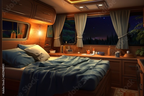 Camping trailer car interior with bed at night