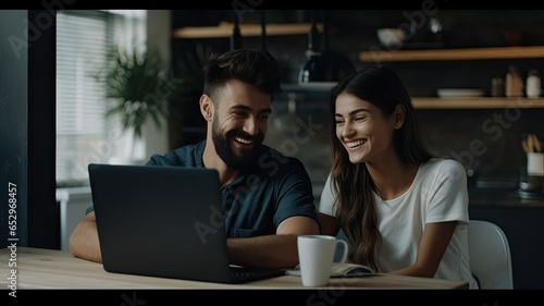 A joyful young couple sits at a sleek kitchen table in a modern, minimalist-style interior, both smiling as they collaborate on budget planning, with a laptop screen in focus.