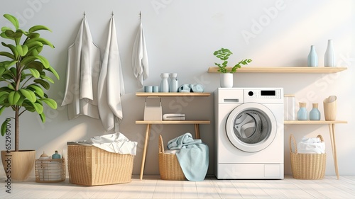 A washing machine stands against a pristine white wall. Beside it, there's a basket filled with laundry, detergents neatly arranged, a healthy ficus plant, and a stack of fresh towels, creating