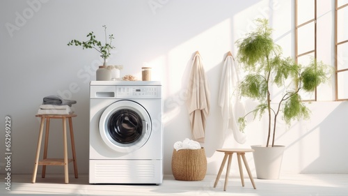 A washing machine stands against a pristine white wall. Beside it, there's a basket filled with laundry, detergents neatly arranged, a healthy ficus plant, and a stack of fresh towels, creating