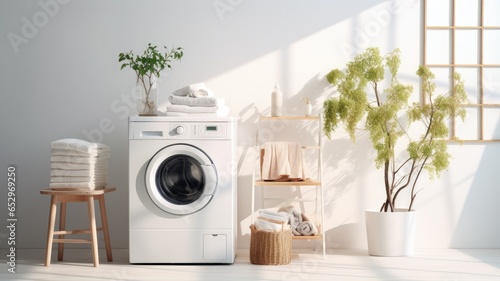 A washing machine stands against a pristine white wall. Beside it  there s a basket filled with laundry  detergents neatly arranged  a healthy ficus plant  and a stack of fresh towels  creating