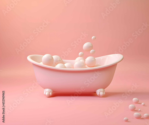 Bathtub full of soapy bubbles, minimal creative pastel pink relaxing bath concept.