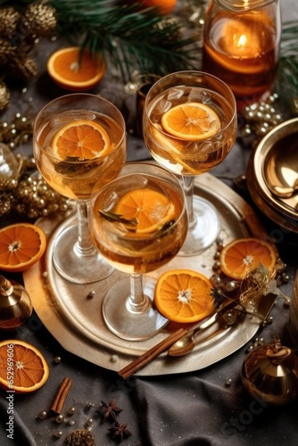 table with glass of cocktail with champagne  blurred christmas tree on background. AI Generated