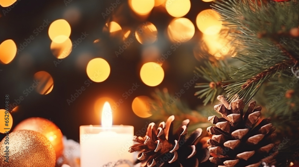 Glowing Candles and Fragrant Pine Cones as Ornaments on the Tree, decorated Christmas tree, with copy space