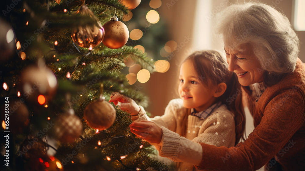 A Heartwarming Moment: Kids Decorating the Christmas Tree with Grandma, decorated Christmas tree, with copy space - obrazy, fototapety, plakaty 