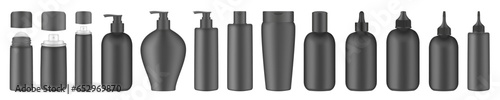 Set of black squeeze bottles. Bottles with pump, dispenser. Korean packaging. Lotion or shower gel. Deodorant roll-on. Hair spray, air freshener container, mockup of aerosol. Squeeze bottles. Dropper