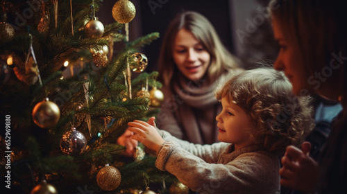 A Heartwarming Moment: Kids Decorating the Christmas Tree with Grandma, decorated Christmas tree, with copy space © Катерина Євтехова