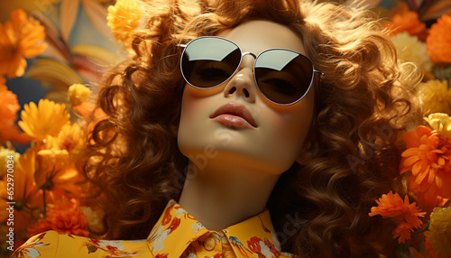 A beautiful woman with sunglasses, elegance, and curly hair generated by AI