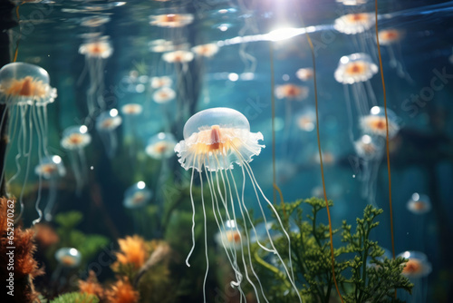 See life macro concept. beautiful space white jellyfish on blue background in the sea. Vivid Wildlife elements
