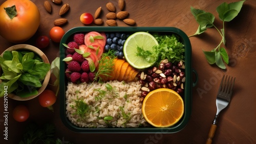 A woman's hand delicately holds a lunch box filled with a healthy and colorful assortment of food. The table is set with care, creating a pleasing scene of balanced nutrition.