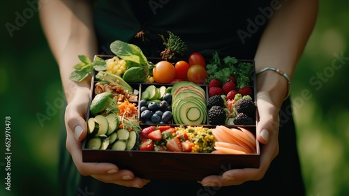 A woman's hand delicately holds a lunch box filled with a healthy and colorful assortment of food. The table is set with care, creating a pleasing scene of balanced nutrition.