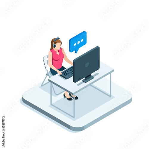 isometric woman in headphones at a computer, in color on a white background, telephone or internet support and hotline