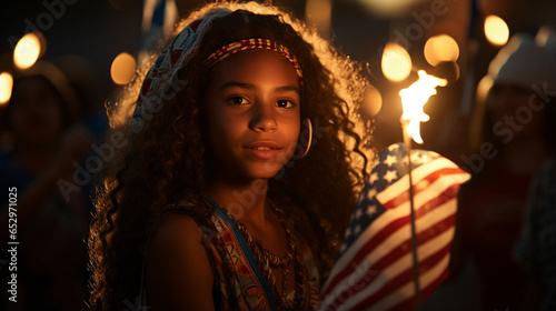 A young girl holds a blazing Bengal fire, American flag in hand, as the sun sets. A patriotic tableau celebrating July 4th, Independence Day.