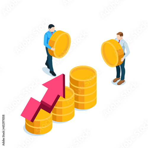 isometric business men with coins and a chart of coins with an arrow, in color on a white background, overall budget or financial growth