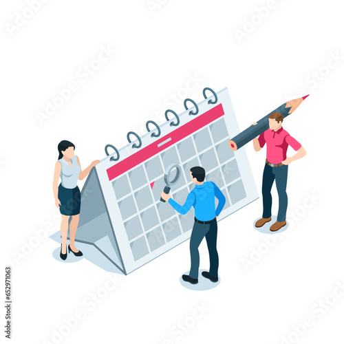 isometric men and woman near the calendar, in color on a white background, planning or work calendar