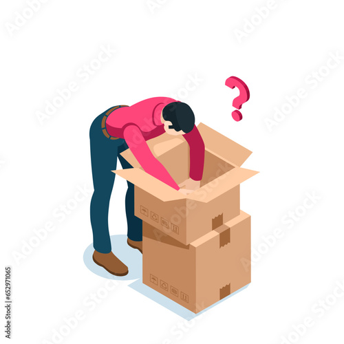 isometric man rummaging through a box, in color on a white background, empty package or wrong order