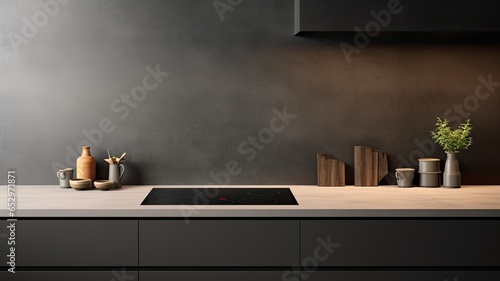 A black induction hob takes center stage on a modern gray kitchen countertop with a stylish gray backsplash. On the right, a water jug and glass add a touch of sophistication to the minimalist kitchen photo