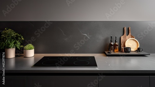 A black induction hob takes center stage on a modern gray kitchen countertop with a stylish gray backsplash. On the right, a water jug and glass add a touch of sophistication to the minimalist kitchen photo