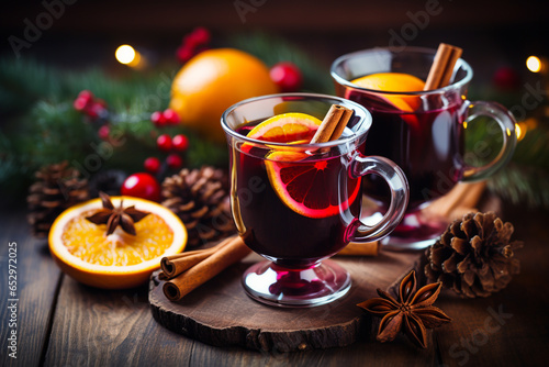Christmas mulled red wine with spices and fruits on a wooden rustic table. Traditional hot drink at Christmas time.ai generative